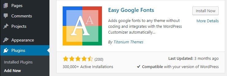 Installing the Easy Google Fonts plugin.