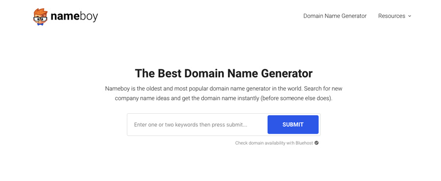 Screenshot of Name Boy domain name generator 2018