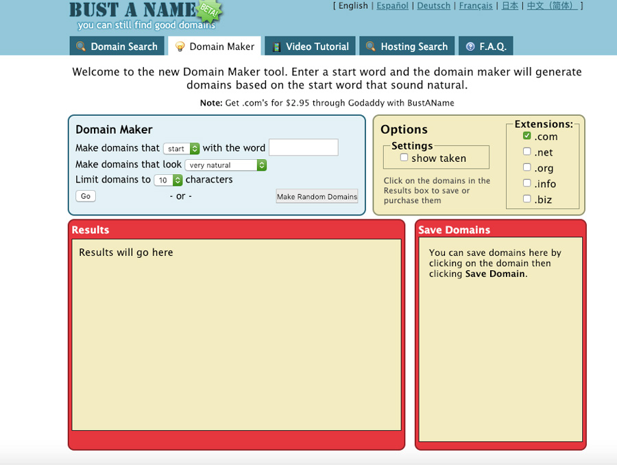 Screenshot of Bust a Name domain name generator 2018