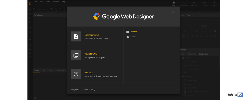The launch screen of Google's ad builder