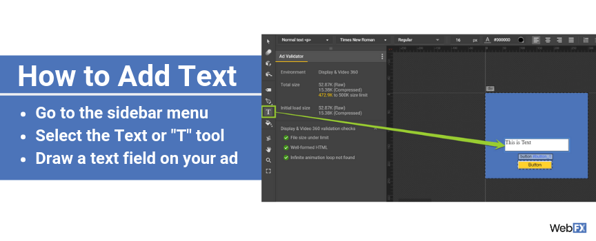 A screenshot of adding text in Google Ad Builder