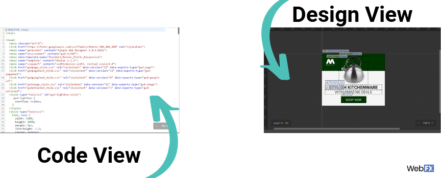 A comparison between the design and code view in Google's ad builder