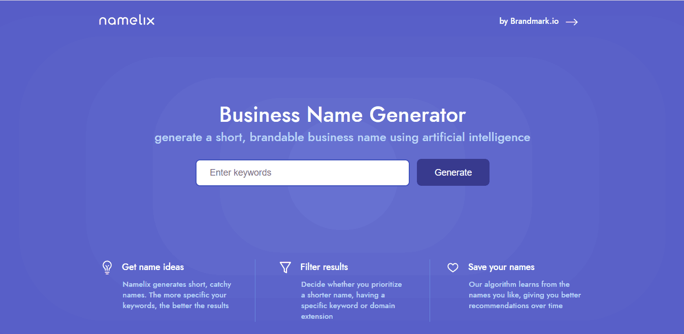 Namelix's Business Name Generator landing page