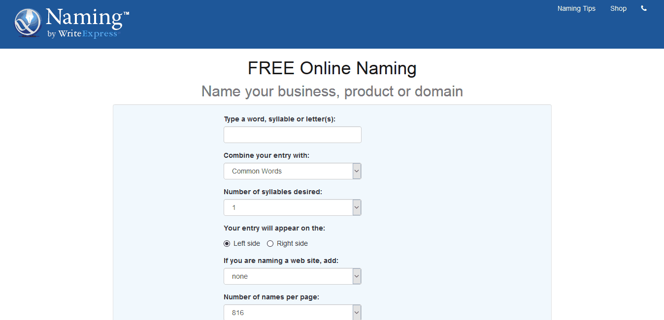 Naming.net landing page