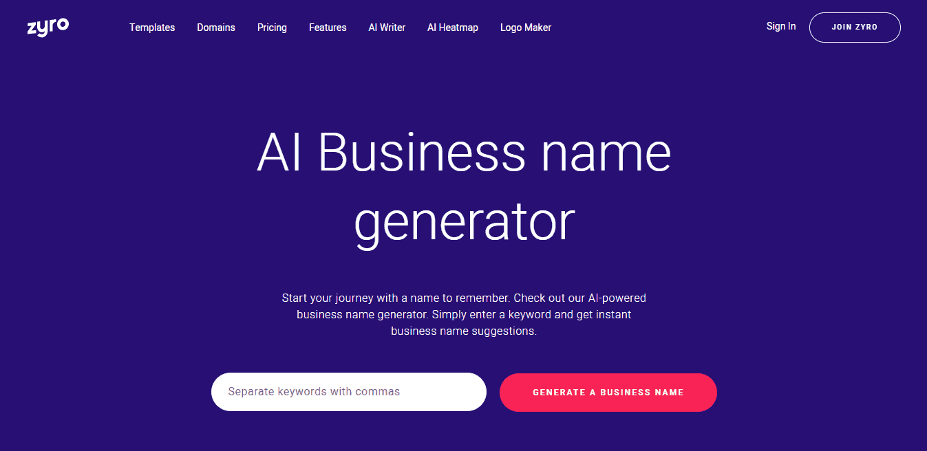 Zyro's Business Name Generator landing page